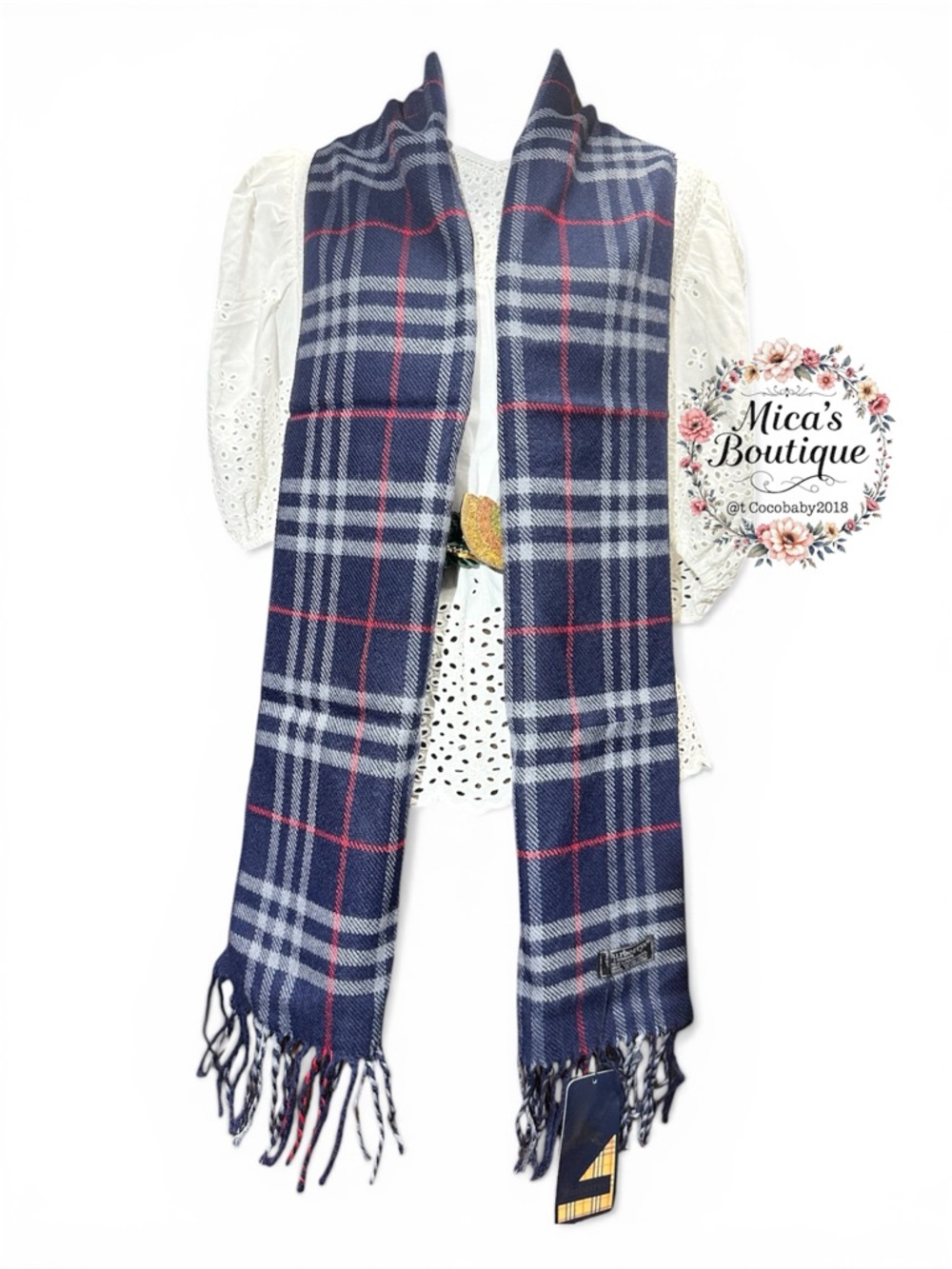 🆕Auth BURBERRY Navy Gray Red Plaid Fringe Scarf ~UNISEX~